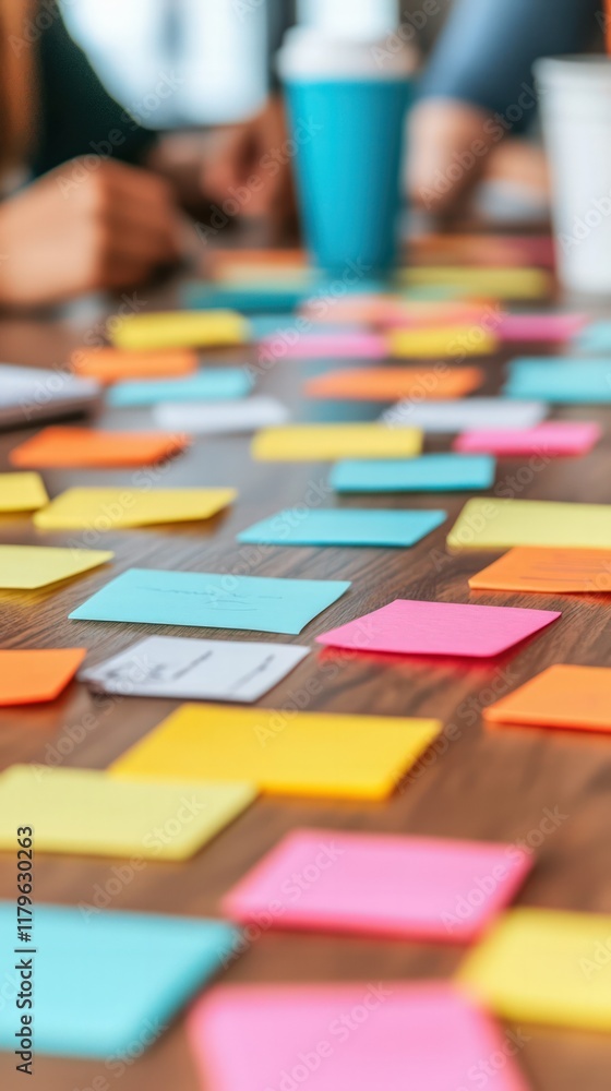Poster a colorful array of sticky notes spread across a table, with hands and cups in the background, sugge
