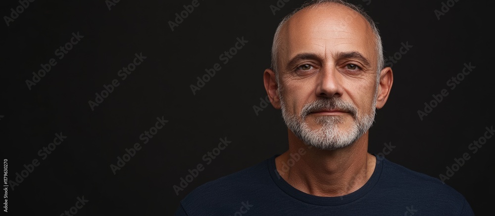 Poster studio portrait of a middle aged man with grey beard against a dark backdrop showcasing serene expre