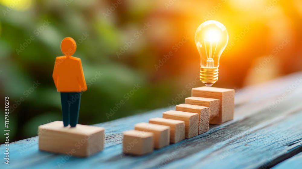 Poster person standing on block with light bulb symbolizing ideas and progress towards success