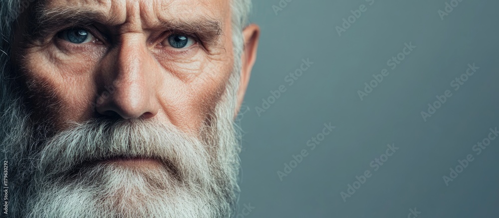 Poster elderly man with a white beard and piercing blue eyes against a muted gray background showcasing amp