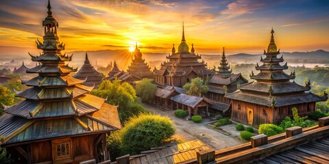 Golden Sunrise at Yokesone Monastery, Ancient Wooden Buddhist Monastery in Myanmar