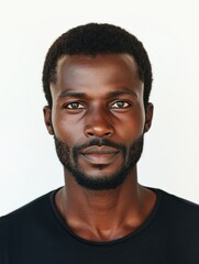 Obraz premium Portrait of an African man with a confident expression on a bright white background showcasing ample negative space for text placement.
