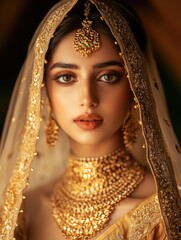 Elegant Portrait of a Stunning Indian Bride Adorned in Golden Traditional Attire with Rich Jewelry Set Against a Softly Blurred Background