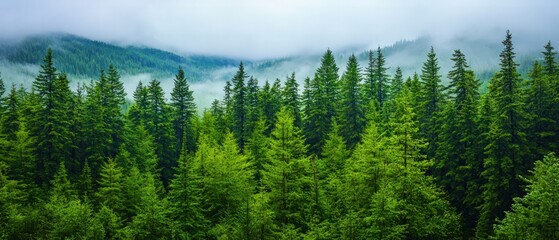 Fototapeta premium Lush evergreen forest with misty mountains in the background, creating a serene and tranquil natural landscape.