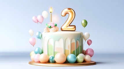 A colorful birthday cake with pastel decorations, featuring a golden "2" candle and balloons, perfect for a child's celebration.