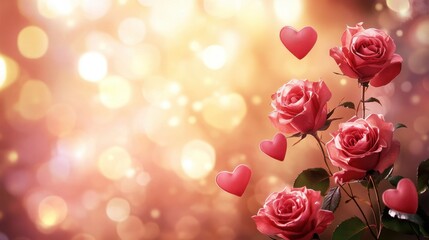 Romantic Roses with Floating Hearts on a Soft Bokeh Background