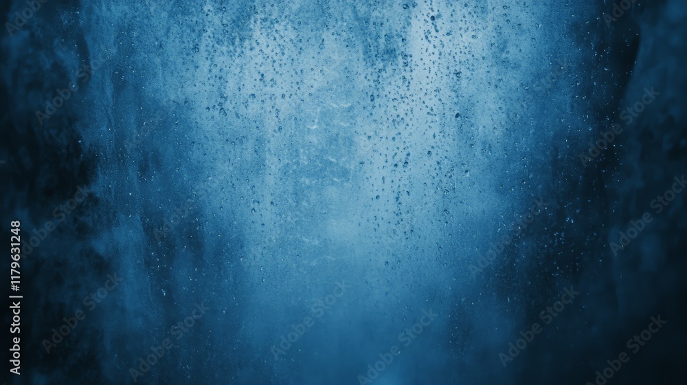 Poster Rain drops falling on a wet glass surface, creating a textured, abstract background with a gradient of blue tones, ideal for backgrounds or graphic resources