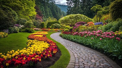 Obraz premium Stunning Spring Garden with Colorful Blooms and Stone Pathway