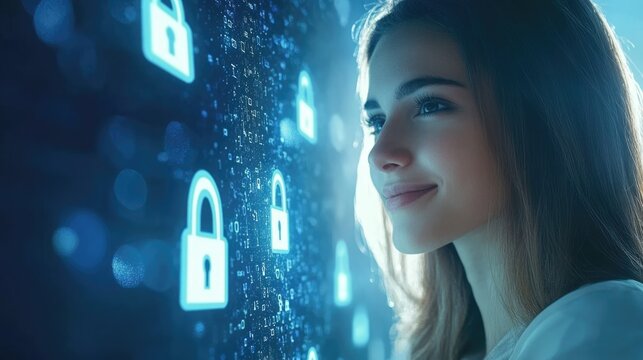 Smiling businesswoman contemplating cybersecurity solutions with holographic padlock icons glowing in blue against a modern office backdrop with ample copyspace - Powered by Adobe