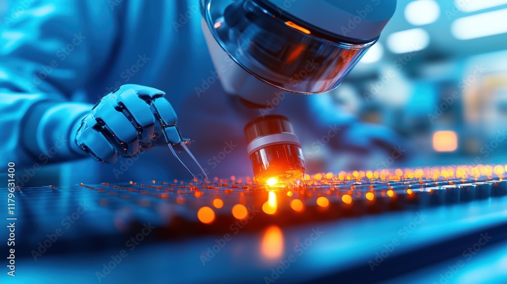 Poster focused scientist in laboratory environment analyzing data on computer surrounded by equipment and r