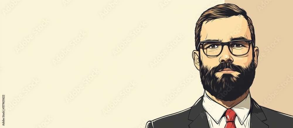 Poster confident brunette businessman with beard wearing glasses on light beige background with ample empty