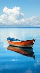 Serene Wooden Boat on Calm Water, Azure Sky, Peaceful Reflection