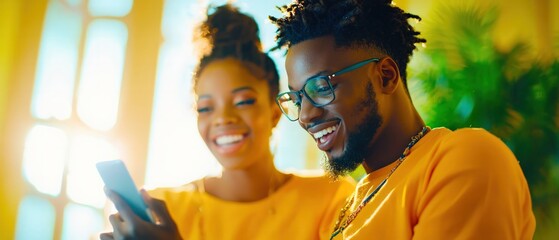 Obraz premium A joyful couple smiles while looking at a smartphone, surrounded by warm lighting and greenery, reflecting happiness and connection.