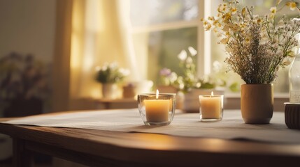 The aromatherapy candles on the wooden table, white tablecloth, exquisite floral arrangement, soft lighting, and blurry background create a peaceful and warm atmosphere