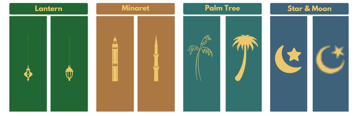 Islamic icons feature a lantern, minaret, palm tree, and star and crescent. Perfect for Ramadan, Eid, and Islamic designs. 