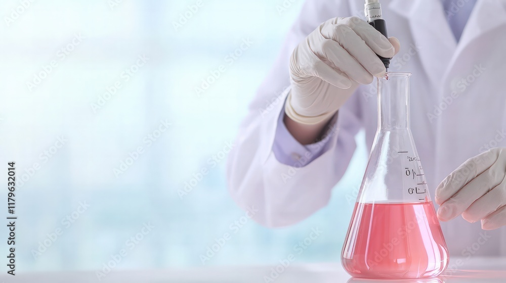 Poster a scientist in a lab coat holds a flask containing pink liquid, symbolizing research and experimenta