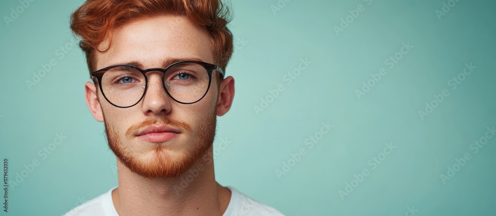Aufkleber stylish redheaded man with glasses posing against a soft teal background, featuring ample empty spac
