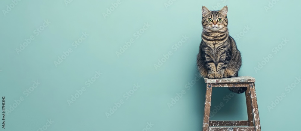 Poster cat on a weathered stepladder against a soothing turquoise wall in a humorous setting with ample emp