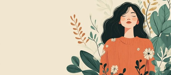 Romantic scene featuring Romanian woman in floral pullover, surrounded by lush green plants and soft beige background, ideal for text overlay.