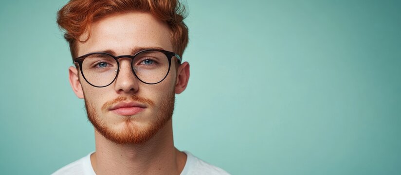 Stylish redheaded man with glasses posing against a soft teal background, featuring ample empty space for text or branding.