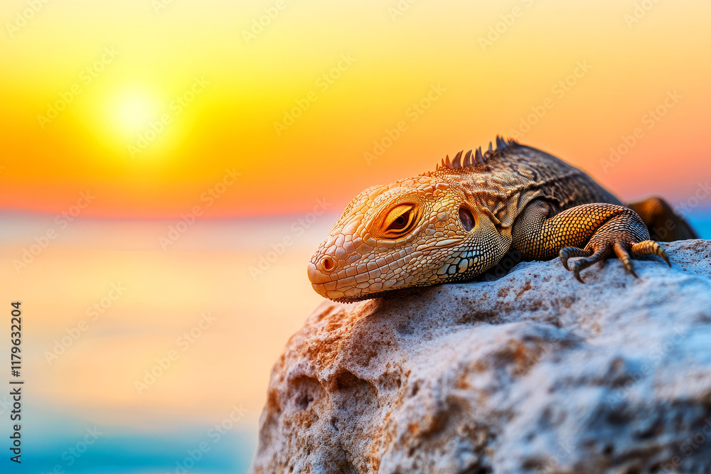 Poster lizard resting on a rock at sunset by the ocean with warm colorful sky in the background