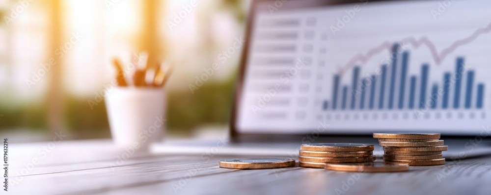 Poster a close-up view of coins on a desk, with a laptop displaying a financial graph and a cup of pens in 