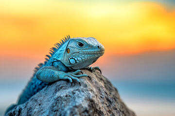 Obraz premium Vibrant Blue Lizard Perched on a Rock Against a Stunning Sunset Background