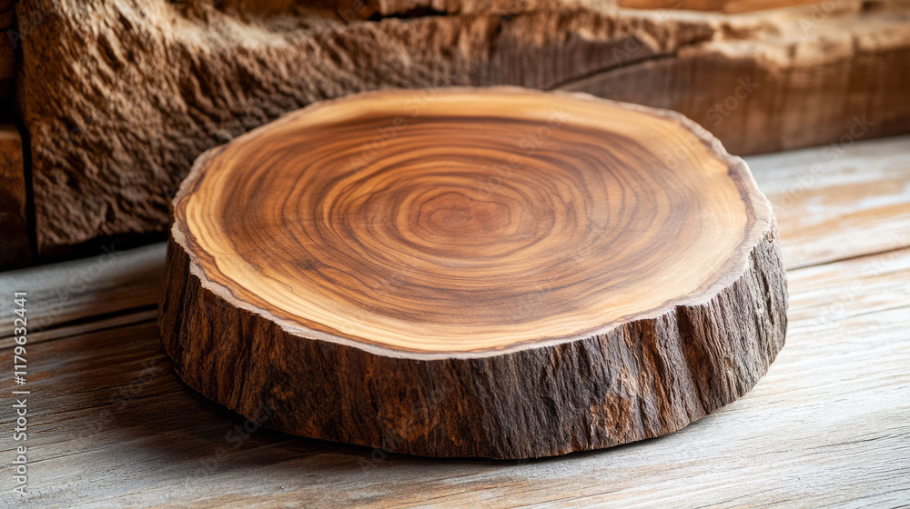 Poster natural wooden slice with unique grain patterns on a rustic wooden surface