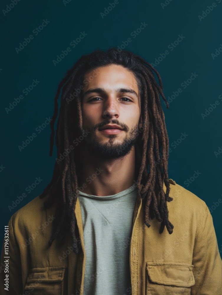Poster stylish man with dreadlocks wearing a yellow jacket against a deep teal background with ample empty 