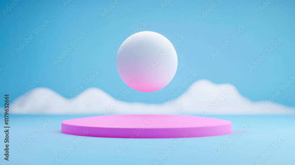 Poster a floating sphere above a pink platform, set against a soft blue background, creating a minimalist a