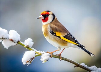Fototapeta premium Goldfinch Winter Portrait: Vibrant Bird in Snowy Landscape