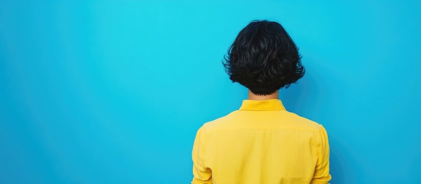 LGBTQ Asian man in vibrant yellow shirt facing a bright blue wall, ideal for text overlay and creative advertising concepts.