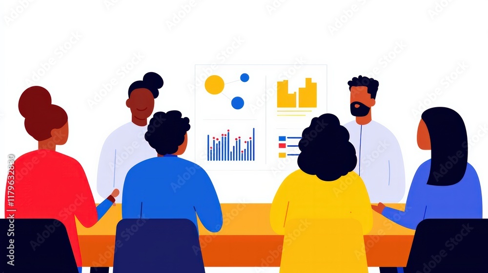 Poster a diverse group collaborates in a meeting, discussing data visualizations and insights presented on 