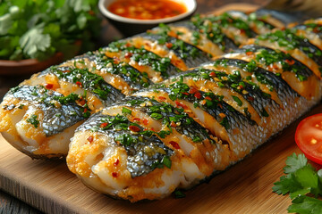 Two butterflied grilled fish fillets with herbs, chili, and sauce on a wooden board.