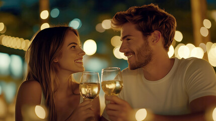 Man and Woman Enjoying Friendly Chat with Cocktails at Night Event