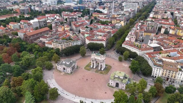 Aerial view of Arch of Peace (Arco della Pace) in Milan, Italy