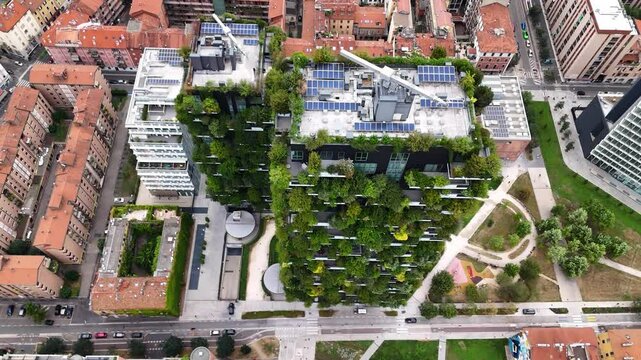Drone shot of Bosco Verticale 2 (Vertical Forest) in Milan, Italy