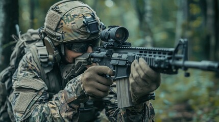 Fototapeta premium Military soldier aiming rifle in forest