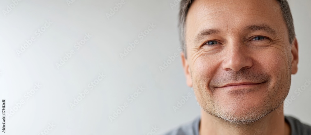 Poster close up portrait of happy middle-aged man smiling against soft white background with ample copy spa