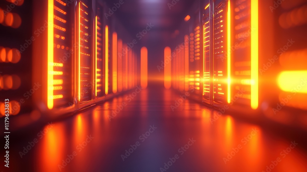 Poster long hallway filled with rows of high-tech servers illuminated by soft lighting creating a modern di
