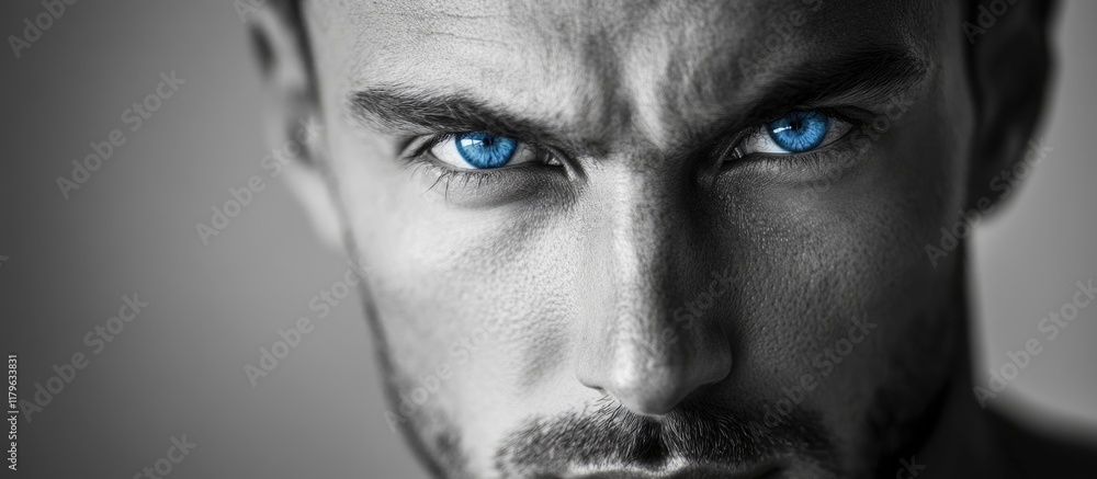 Aufkleber closeup monochrome portrait of a man with striking blue eyes and a questioning expression, featuring