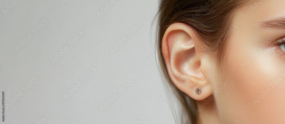 Poster close up of a delicate baby ear showcased against a soft neutral background with ample empty space f