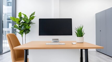 Modern Minimalist Home Office Setup with Computer and Plants