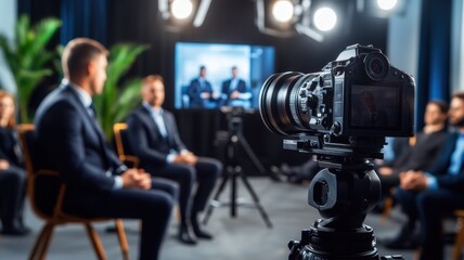 Professional interview setup featuring a camera, lights, and seated participants in business attire.