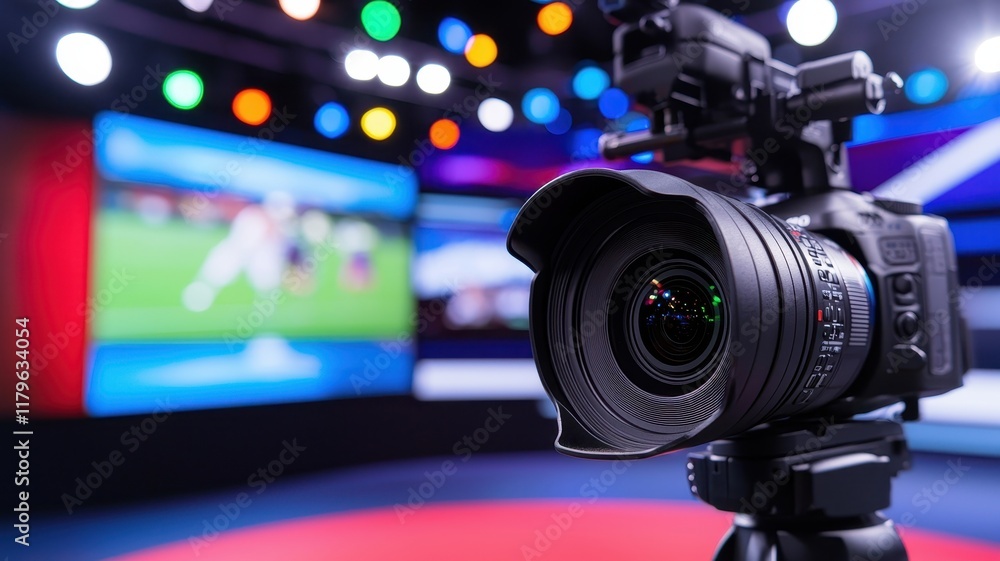 Poster camera focused on a vibrant studio setting with colorful lights and a sports broadcast in the backgr