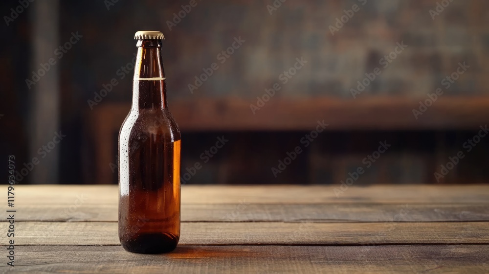 Poster craft beer bottle in warm amber color on rustic wooden table with empty copyspace for text in cozy p