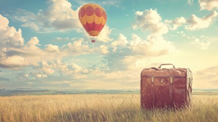 Obraz premium Vintage Suitcase and Hot Air Balloon in a Serene Field