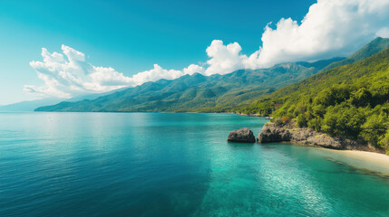 Obraz premium Calm Ocean Waters with Scenic Mountains