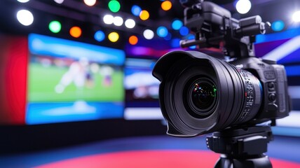 Camera focused on a vibrant studio setting with colorful lights and a sports broadcast in the background.