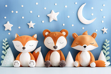 Obraz premium Cute plush animals with stars and moon in whimsical setting